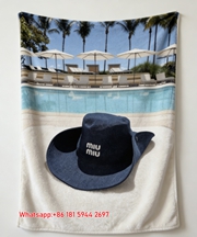 Miumiu Denim Blue White Turquoise Flannel Sofa Throw Blanket – Printed Poolside Resort Look IMG_0547